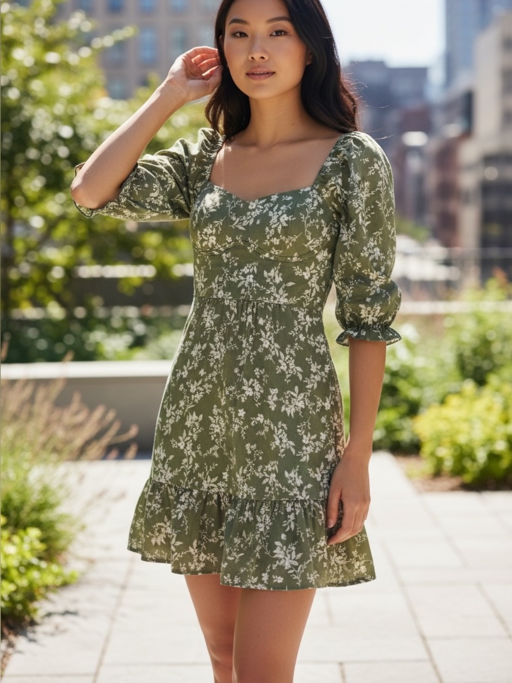 Inspired Hearts Olive Floral Square-Neck Puff Sleeve Mini Dress